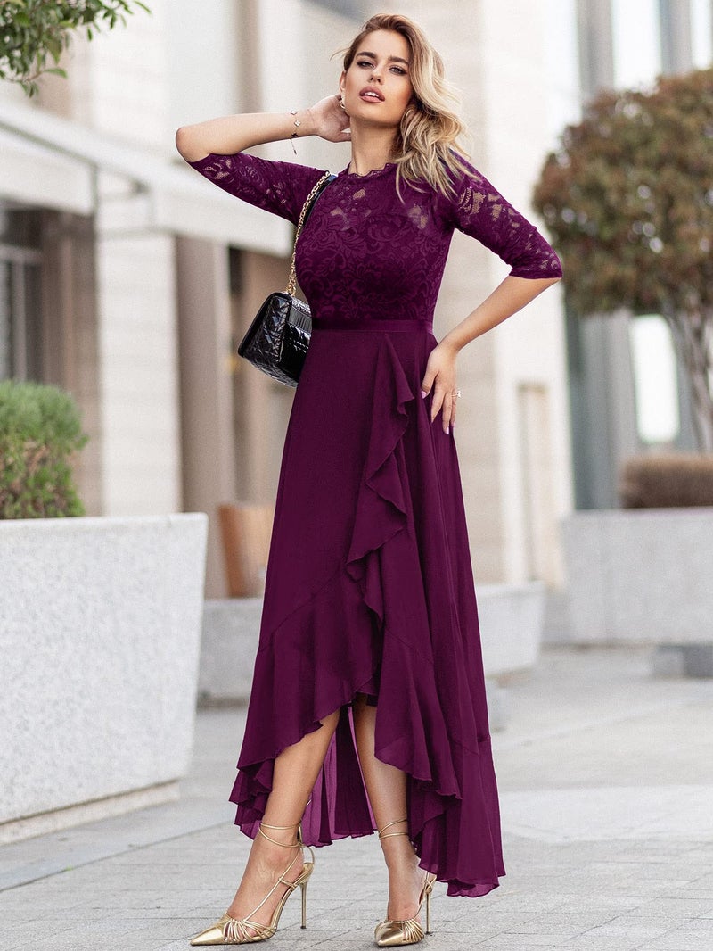 Miusol Women's Elegant Floral Lace Ruffle Bridesmaid Maxi Dress (Small, Magenta) - Image 3